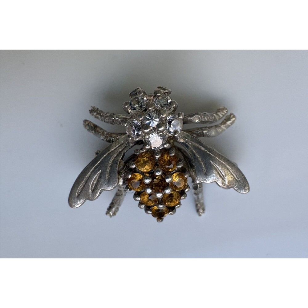 Vintage CID Clyde Duneier Sterling Silver Bee Pin - Citrine & CZ Gemstone Brooch